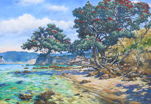 Graham Downs NZ landscape artist, Pohutukawa Tree, Oil on Canvas